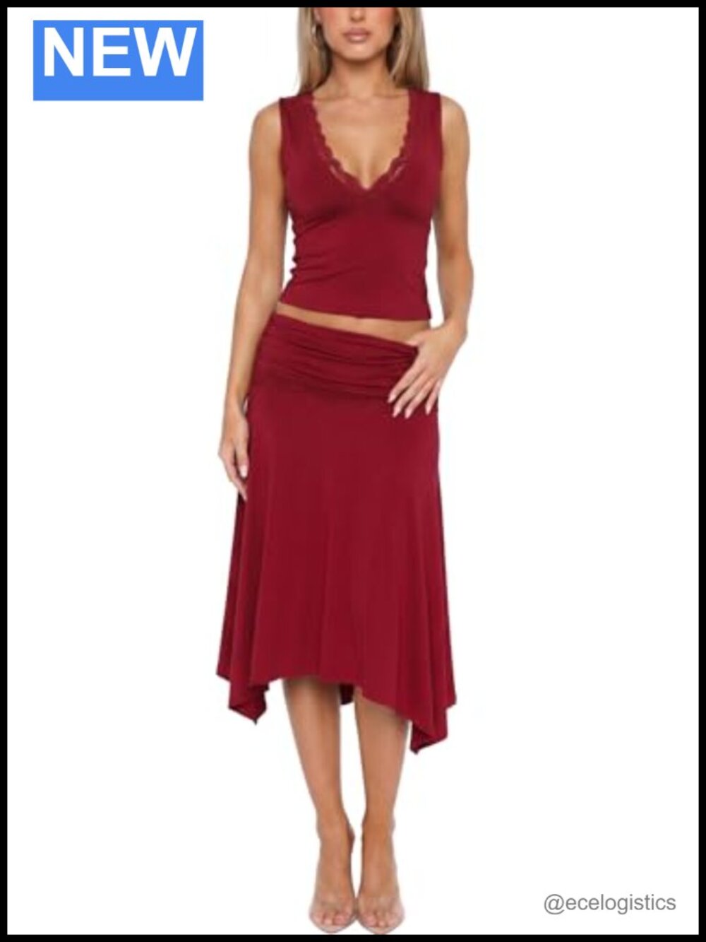 2 Piece Skirt Sets V Neck Lace Trim Tank Top Ruched Waist Midi Skirt Going Out
